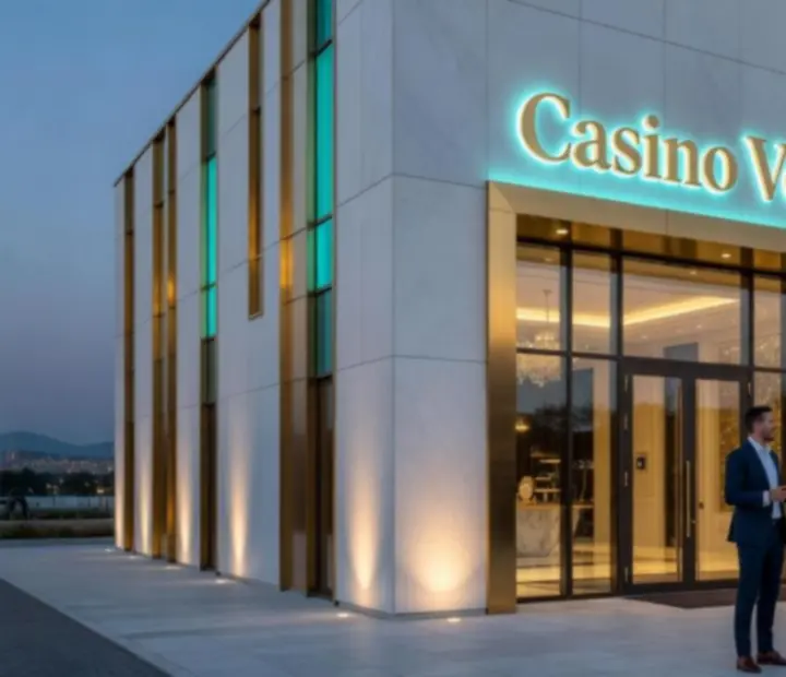 Casino Ventra elegáns bejárata éjszakai megvilágításban
