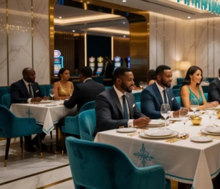 Casino Ventra étterem elegáns belső tere, arany és türkiz részletekkel