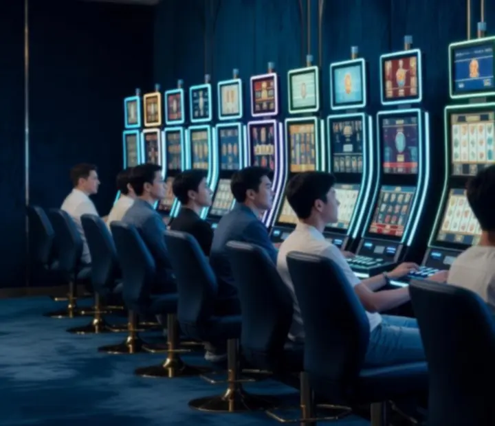 Modern játékgépek fényei és kijelzői a Casino Ventra játékgép szekciójában.
