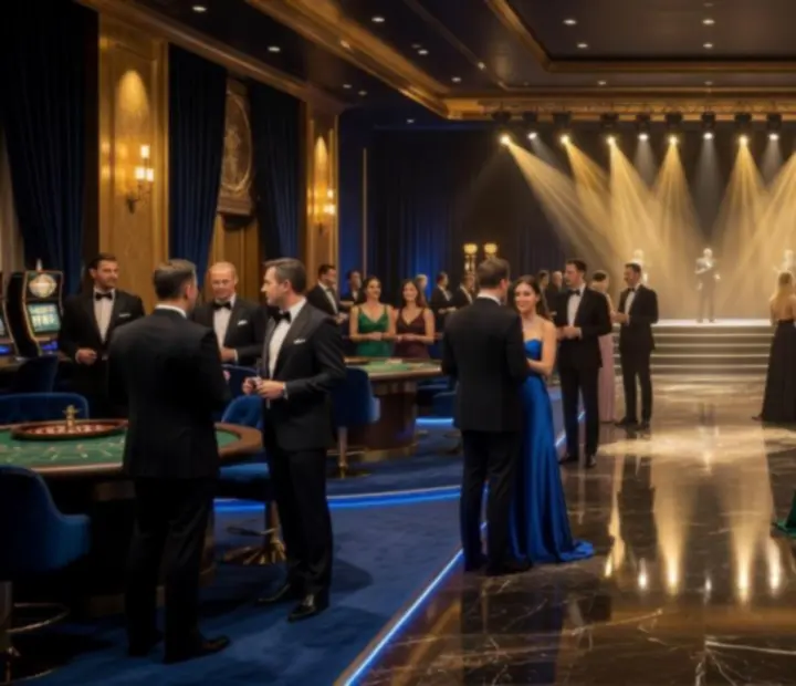 Elegáns kaszinó eseménytér, megvilágított játékasztalokkal és vendégekkel Casino Ventra eseményen.