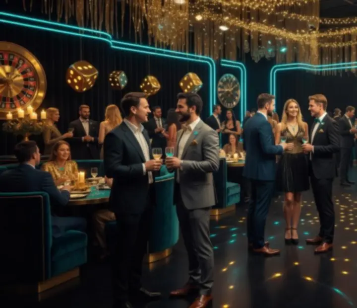 Tematikus kaszinó esemény, dekorációval és elegáns vendégekkel a Casino Ventra helyszínén.